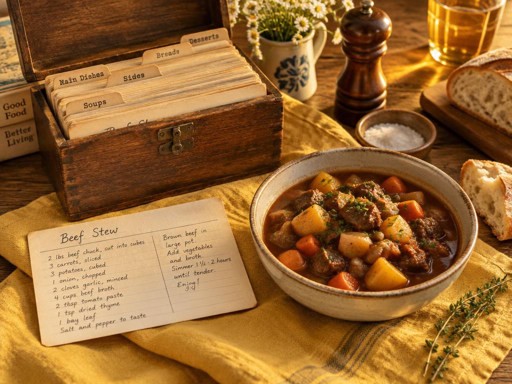 An open wooden recipe box with a handwritten beef stew card and a bowl of stew